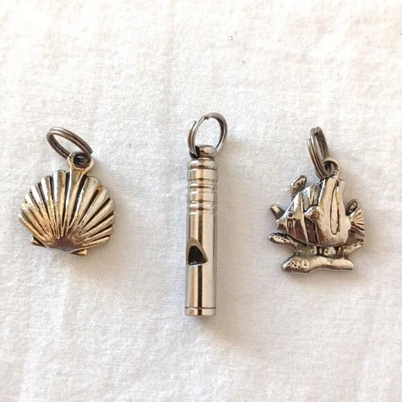 3/$25 SALE SET OF 3 Metal Charms for Bracelet Keychain, Seashell Whistle Fish - Picture 1 of 12